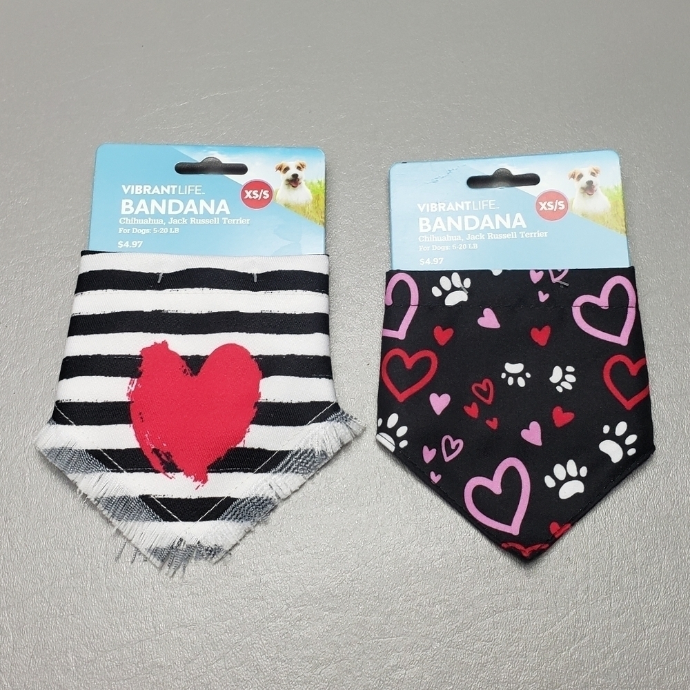 New vibrant life dog hearts bandana bundle of 2 size XS/S 5-20 lbs
